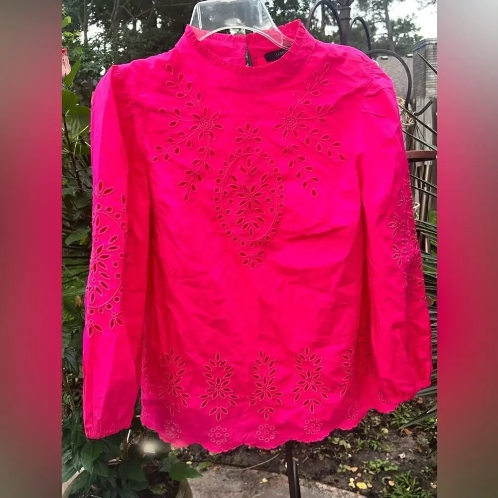 ▶️ J.Crew ◀️ Pink Mockneck Cotton Poplin Top with Embroidered Eyelet